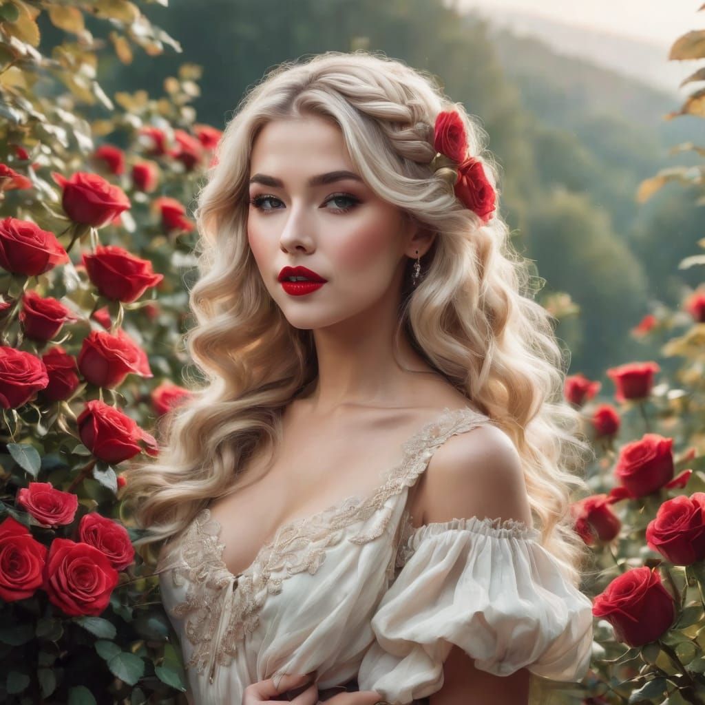 an attractive and elegant woman with long blonde hair and red lipstick, and a bunch of roses in her hand