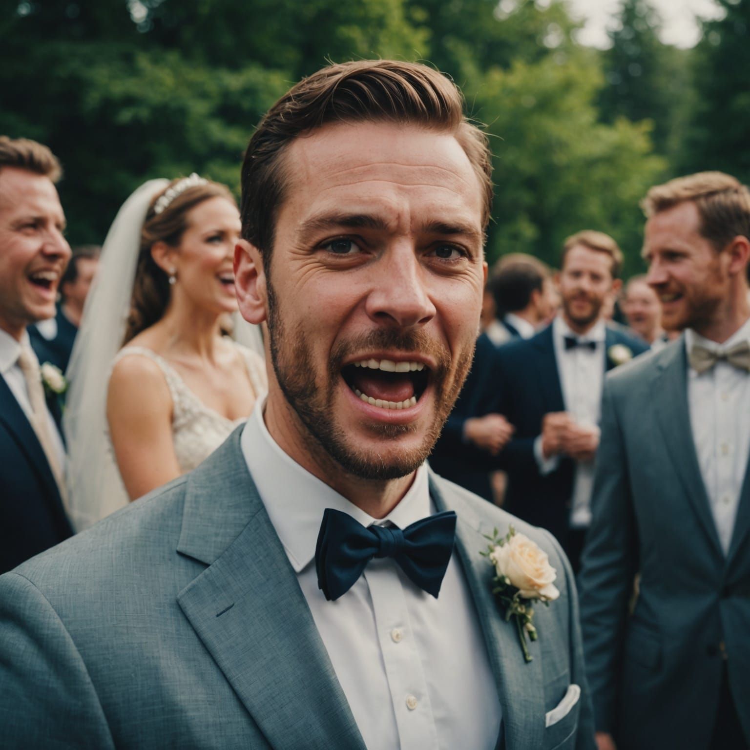 A man making a silly face in the background of a wedding pho...