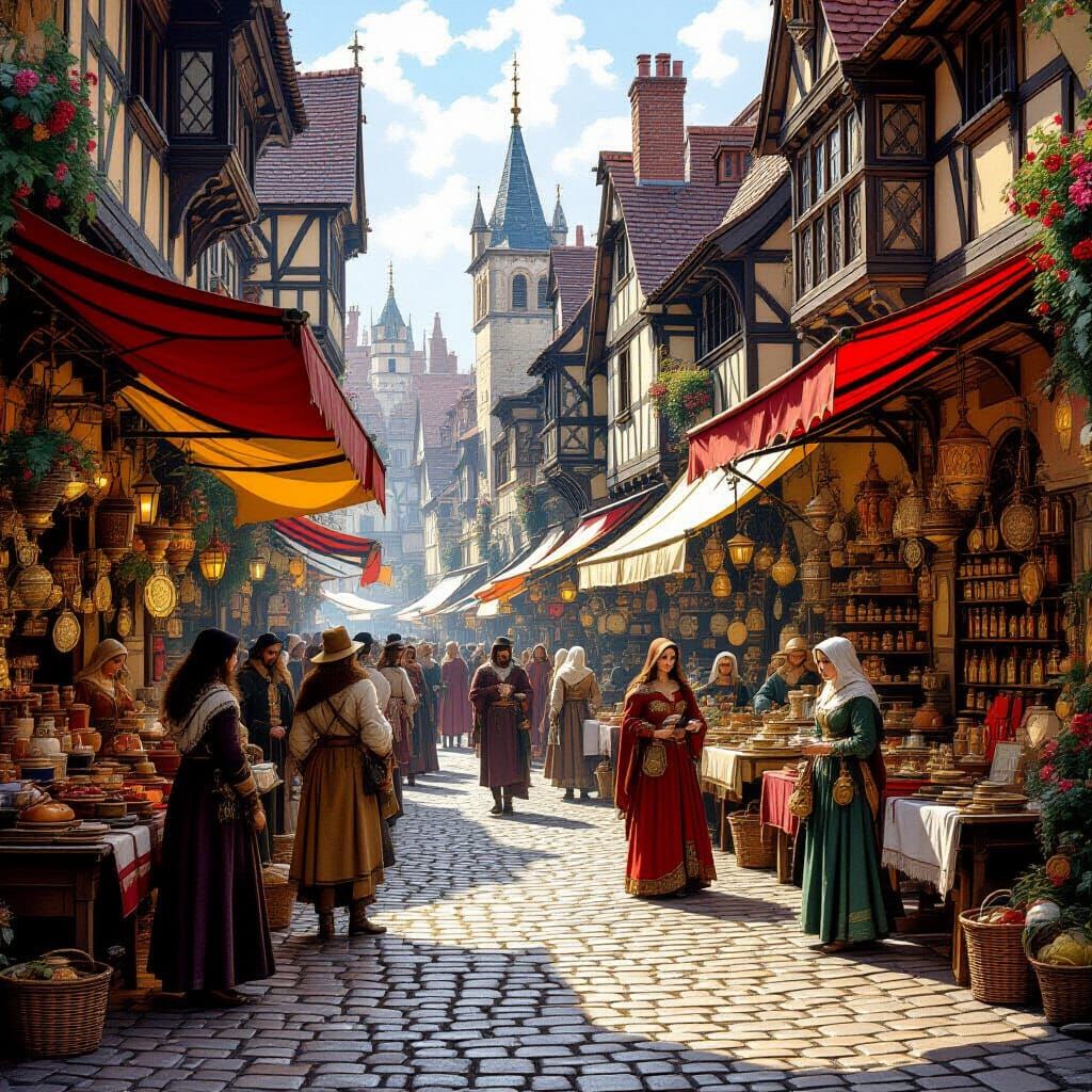 Imagine a bustling medieval marketplace, filled with merchants hawking their wares and townsfolk going ...  by @Katlena