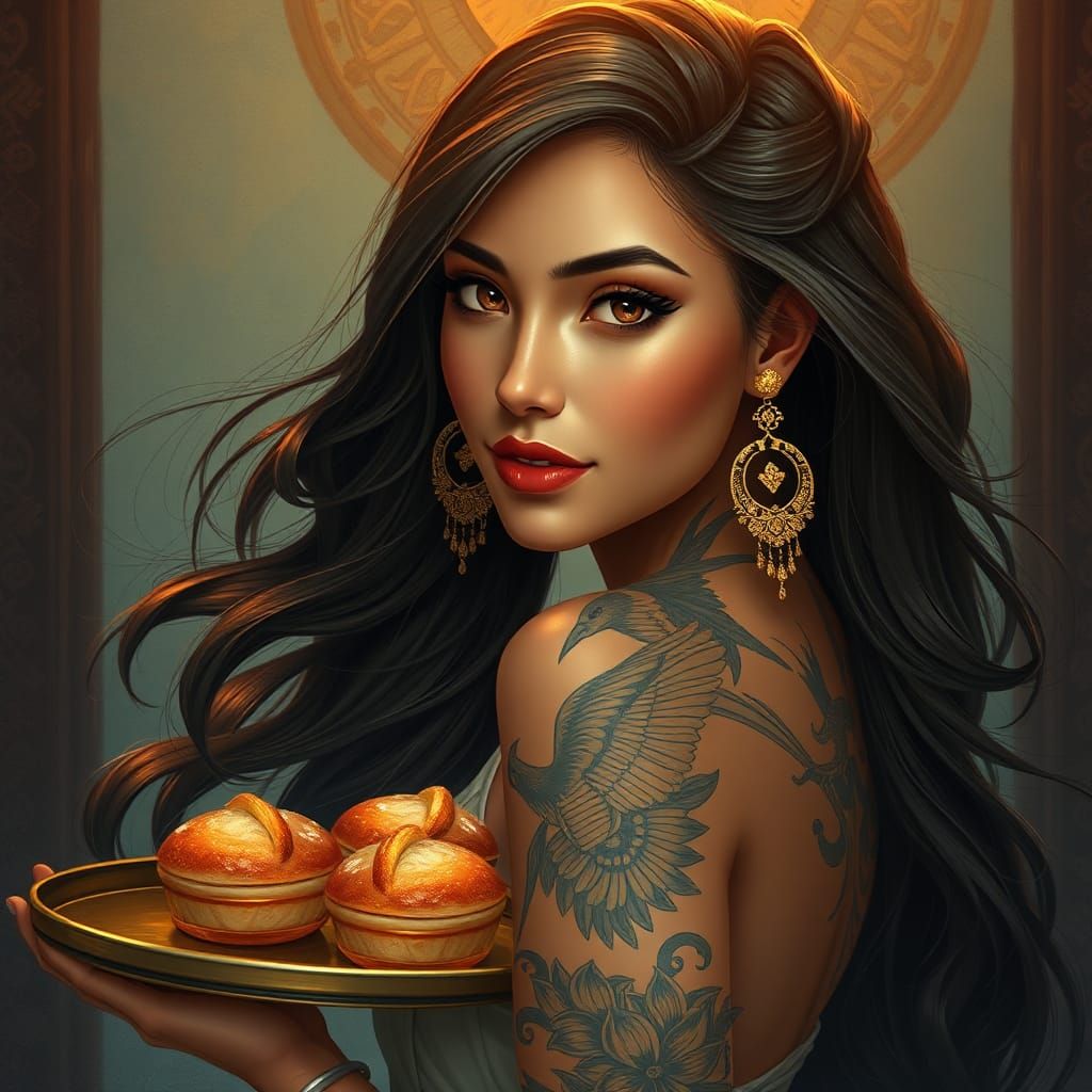 Beautiful Woman with Tattoos Serving Pastries