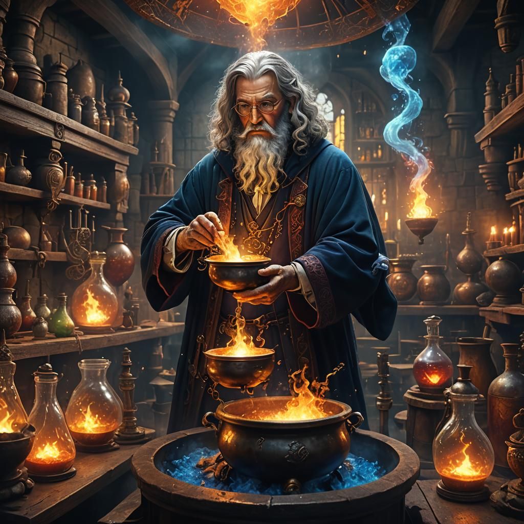 An ancient scientist in his medieval alchemist's laboratory stirs a ...