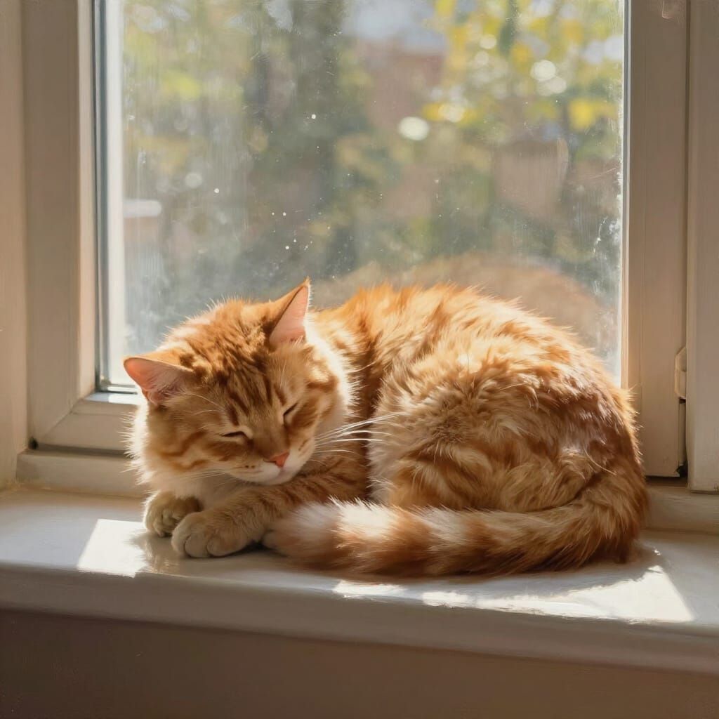 Fluffy Ginger Cat Sleeping on Sunny Window Perch