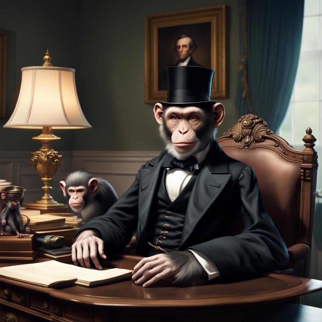 a monkey resembling Abraham Lincoln, dressed in his iconic clothing, sitting behind a desk in a room ...  by @Demetrios Kehagias