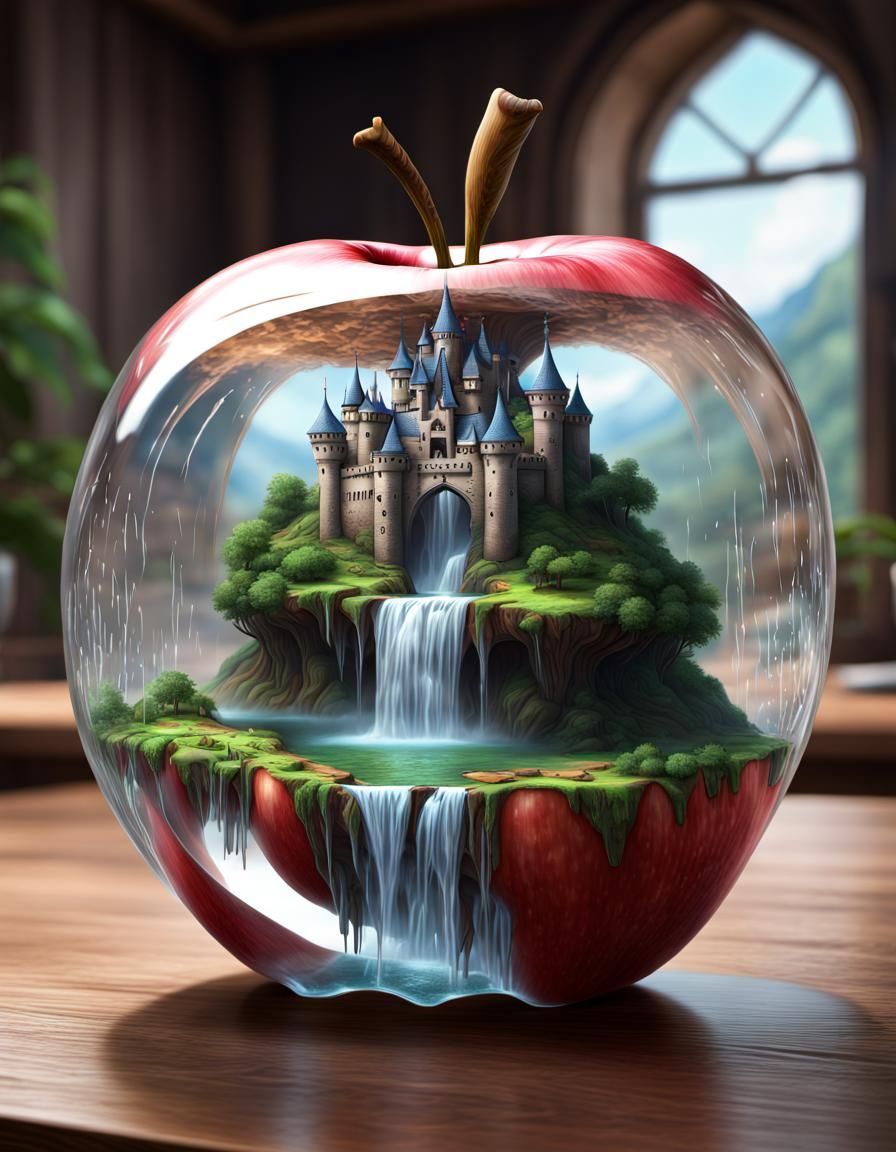 a clear apple with a waterfall castle scene inside on wood table   by @Timmy Contraros