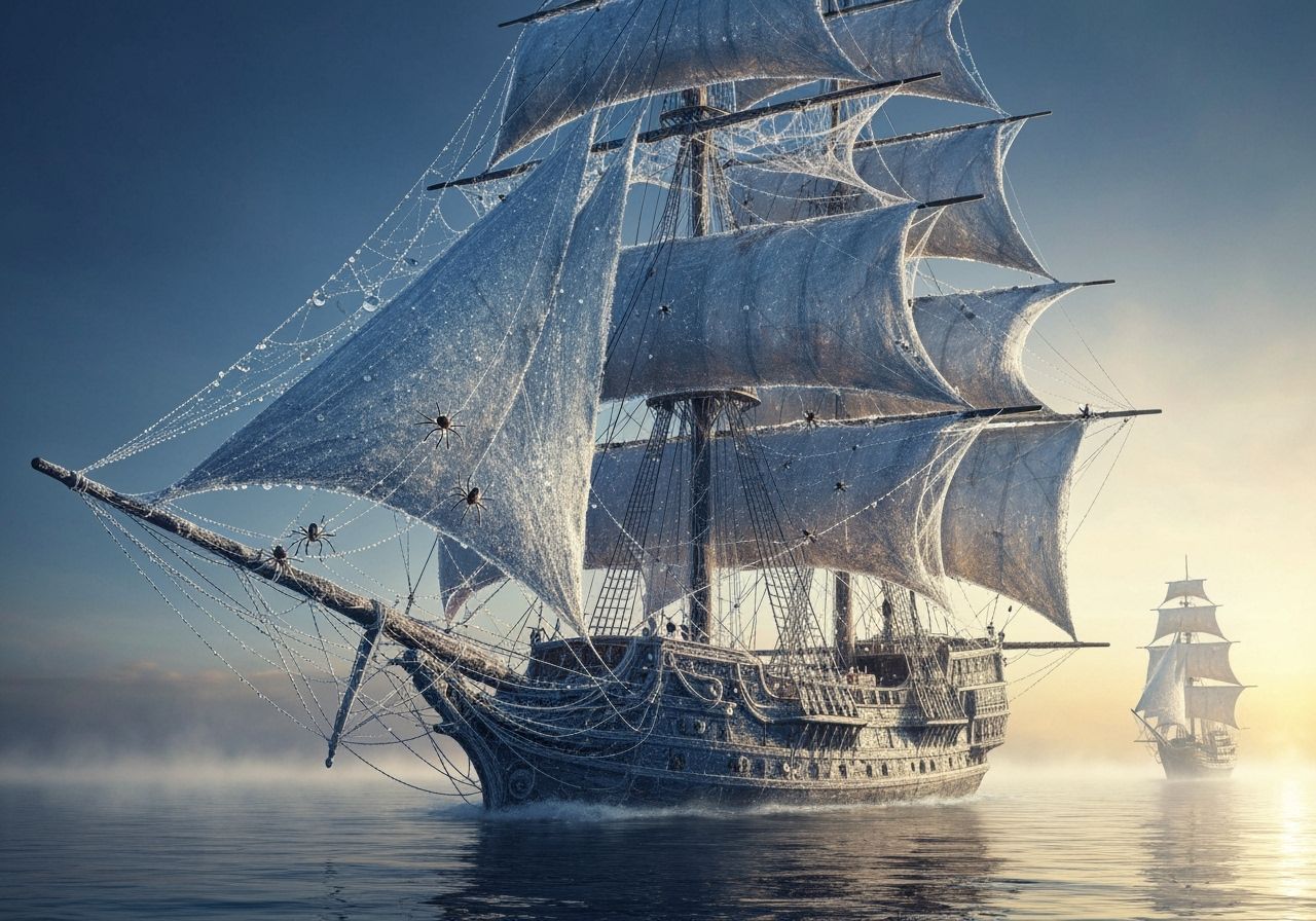 sailing ship constructed from spiderweb silk  by @photon