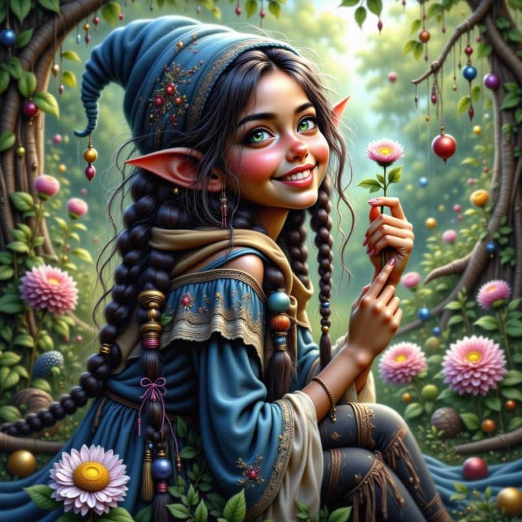 Whimsical photo 3d 8k uhd hyper detailed ultra realistic representation, a small gnome elf with a round face and pointed ears, long shaggy h...