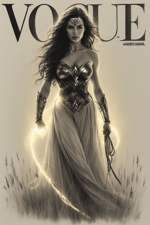 Vogue magazine cover featuring Wonder Woman, goddess-like, s...