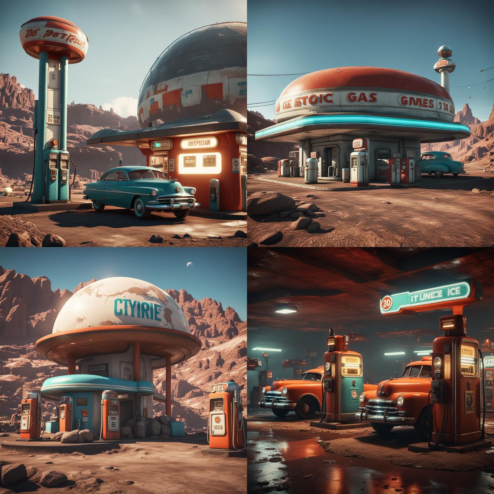 Retro gas station in a dystopian town on a rocky earth sized...