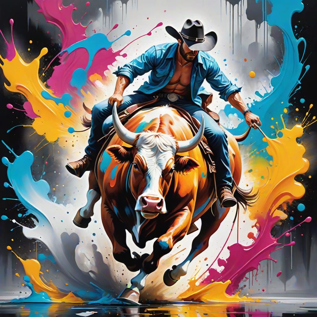 Digital award-winning oil  painting . A Cowboy riding a bull in a rodeo, struggling to stay mounted .The ...  by @Topogogo