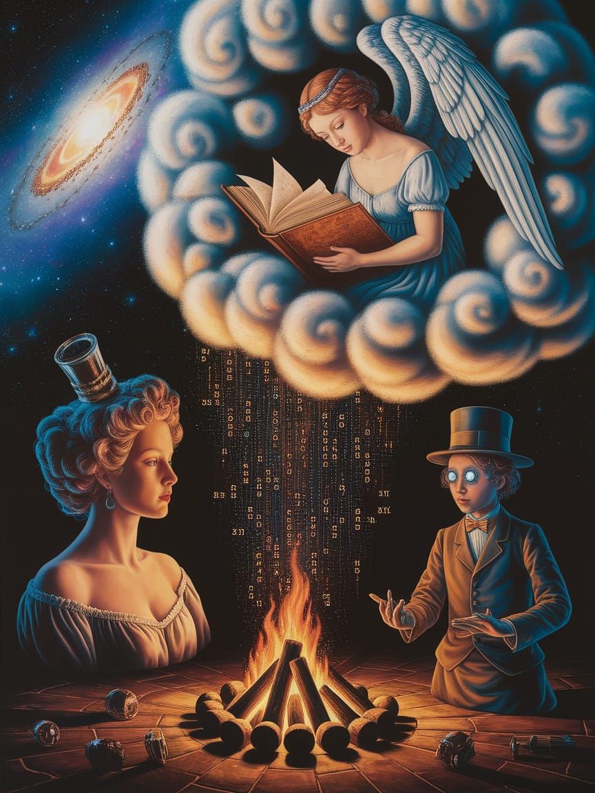 Mysterious Campfire Scene with Angel and Numerical Codes