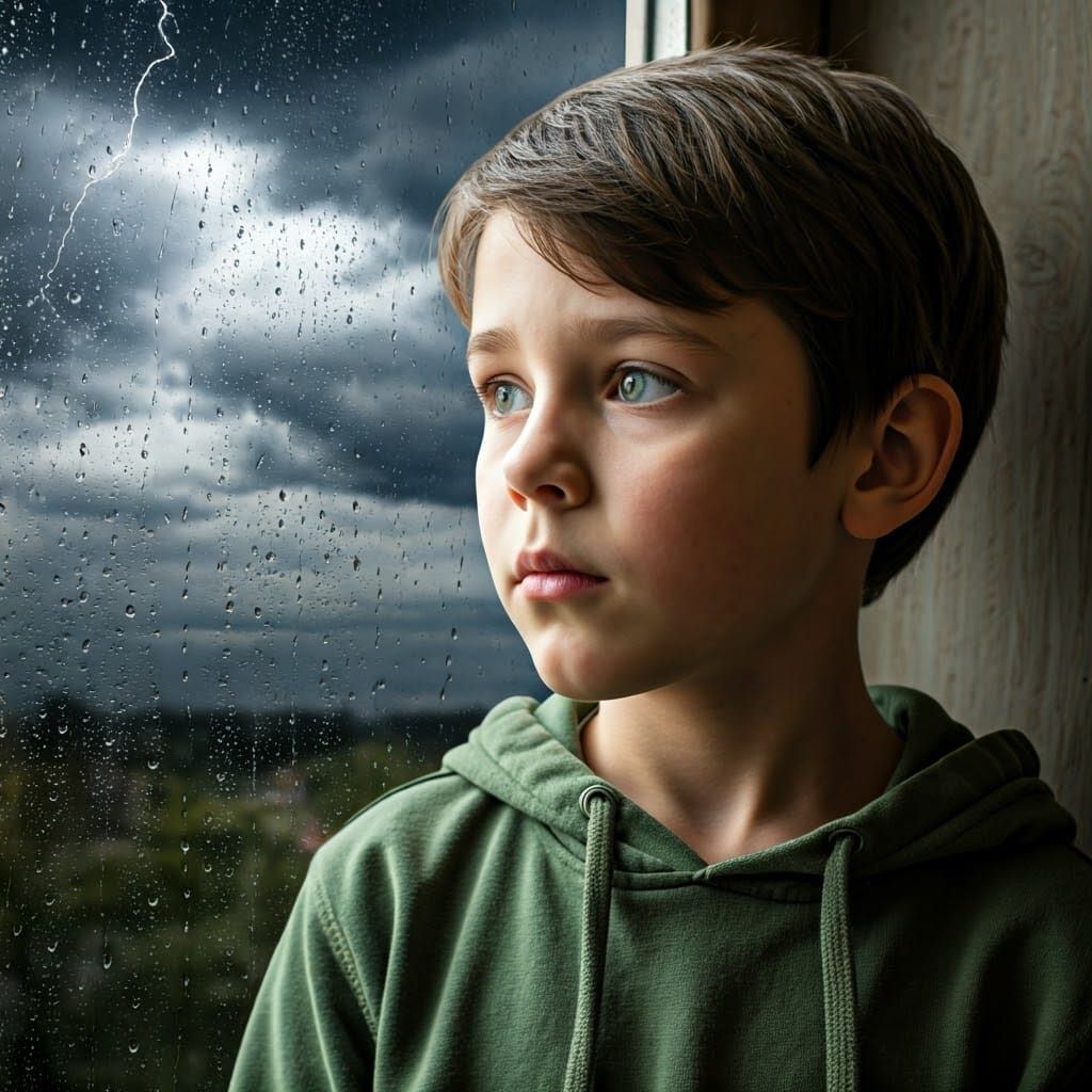 Boy Gazing out Rainy Window in Photo-realistic Style