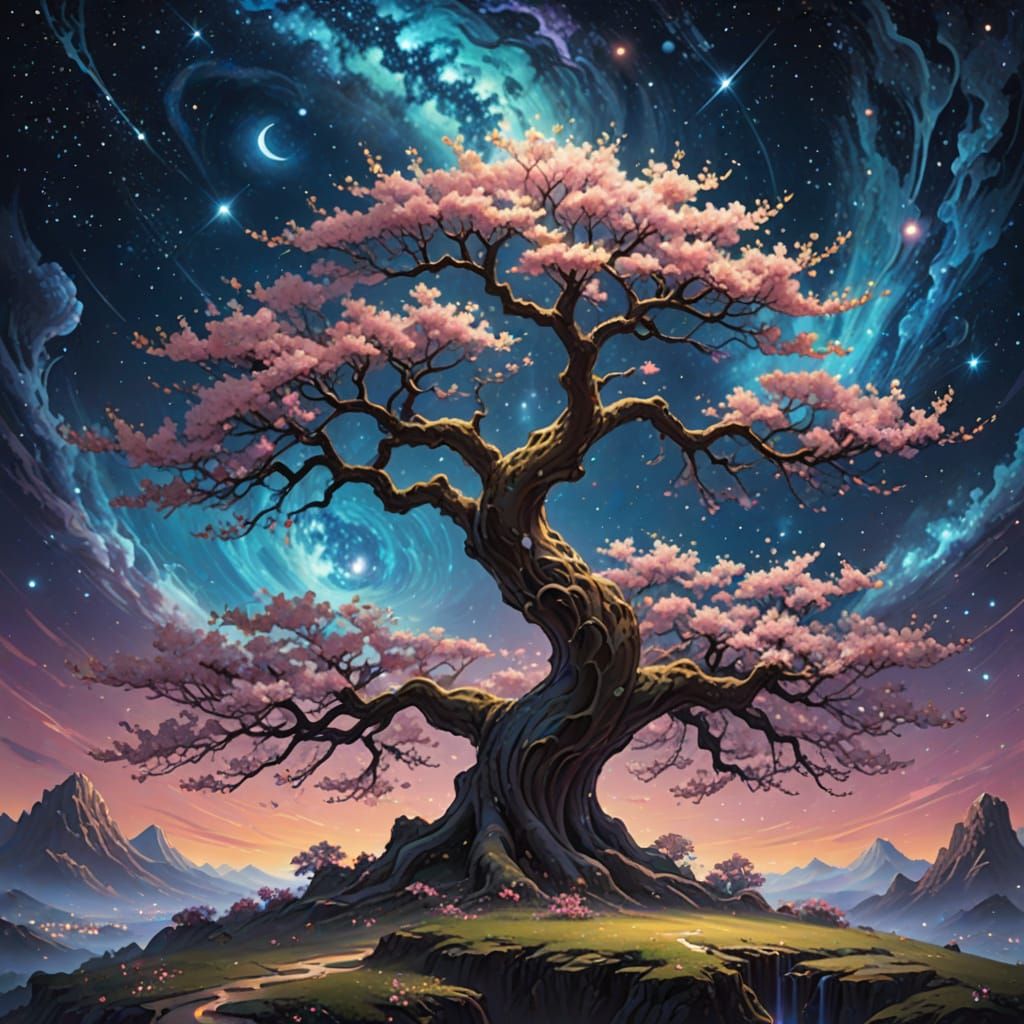 A colossal, ancient cherry blossom tree in full bloom, its branches reaching towards a twilight sky filled ...  by @Mila K