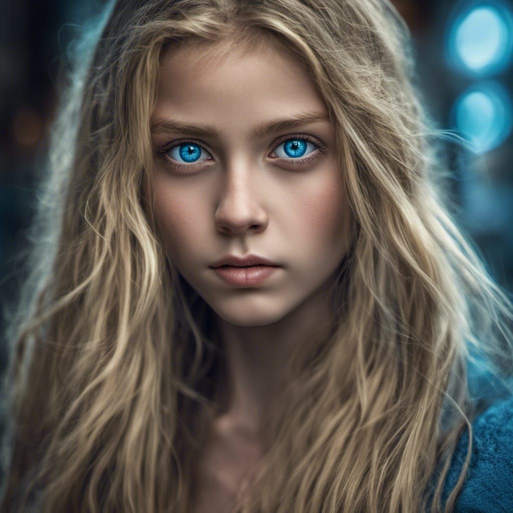 a girl with long blonde hair and vivid blue eyes AI Generated Artwork