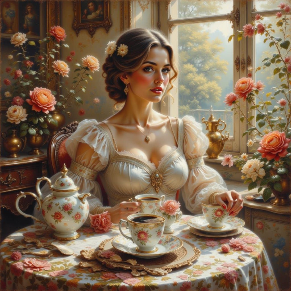 Woman's Hands Embrace Coffee Cup by Window, Gouache Style