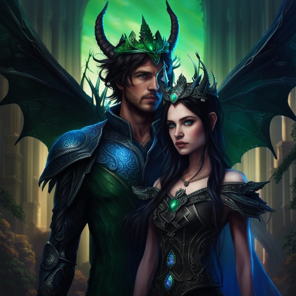 dark fantasy man with dark hair, green eyes, small horns, an...