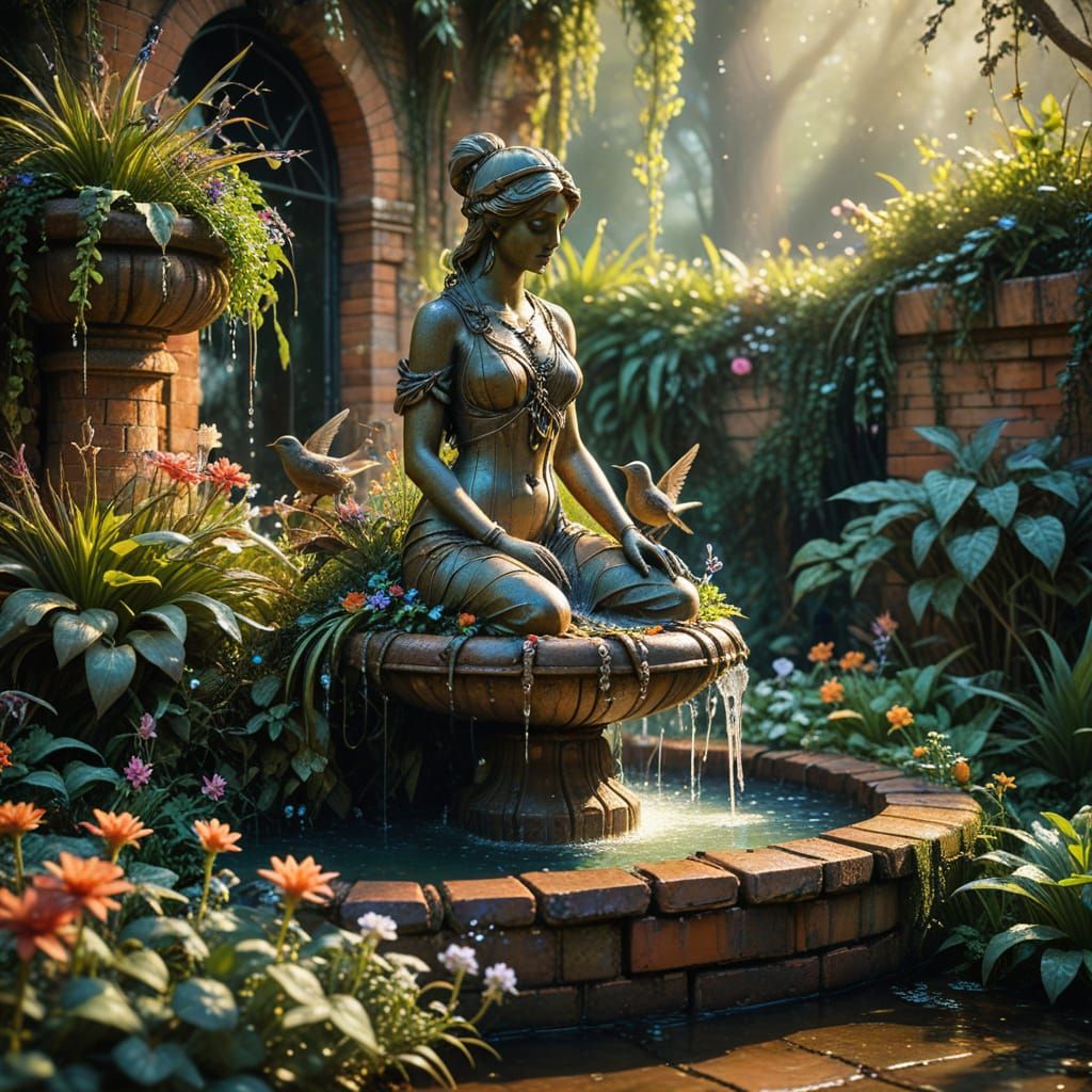A brick fountain, overgrown with plants and flowers, stands in an mysterious garden  by @EHACKMANN 