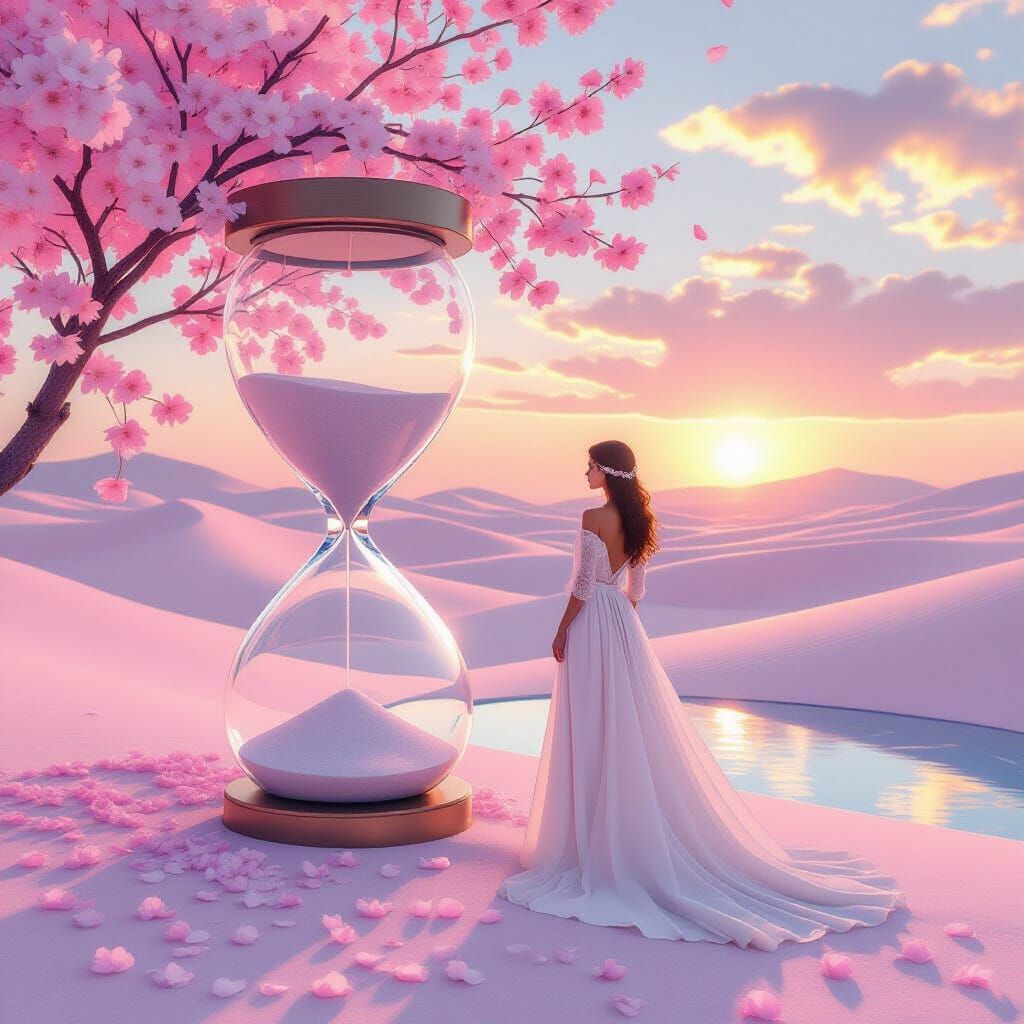 Hourglass Woman in Pastel Desert, Ethereal Style