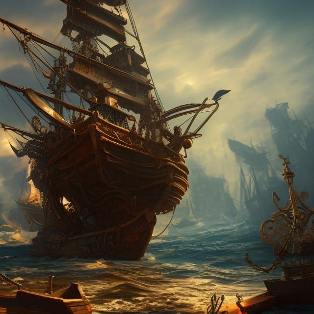 Pirate's ship war detailed matte painting, deep color, fantastical ...