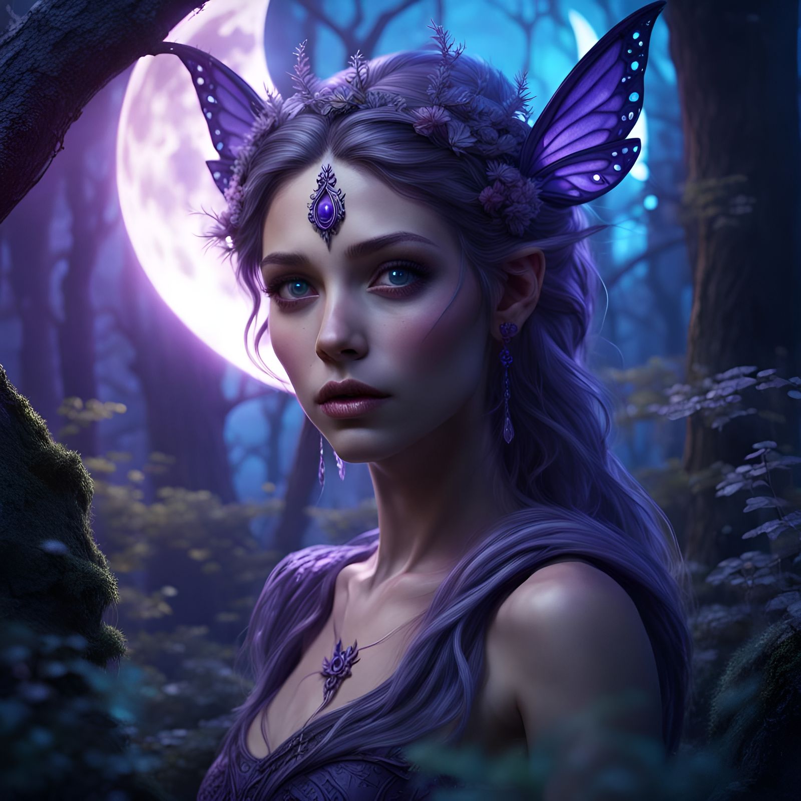 Portrait of a Moon fairy in a moonlit magical forest
