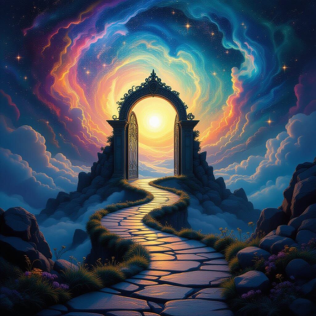 Spiritual Gate Path to Another World in Surreal Cosmic Style