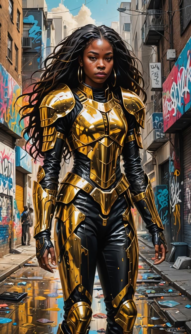 Black woman, straight hair, with golden armor, in the middle...