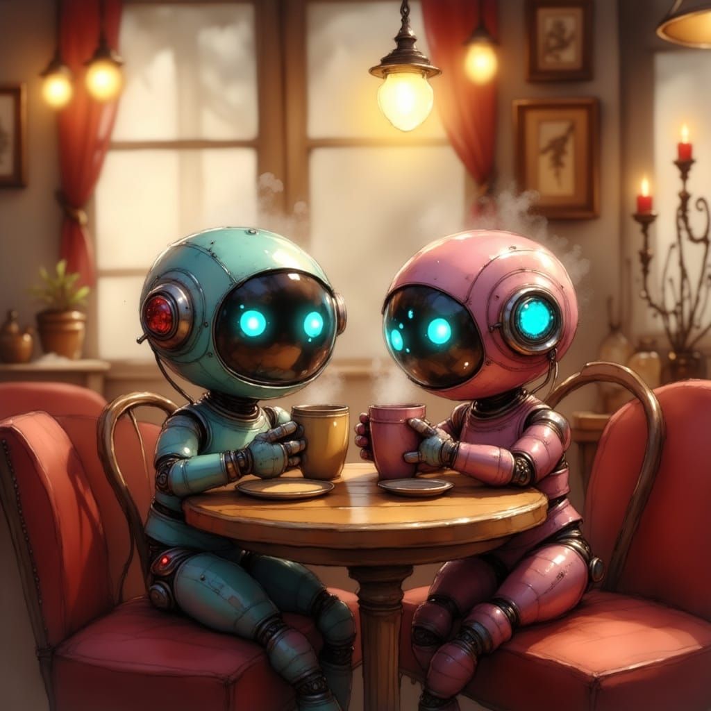  Cute robots in a cozy cafe   by @IMO