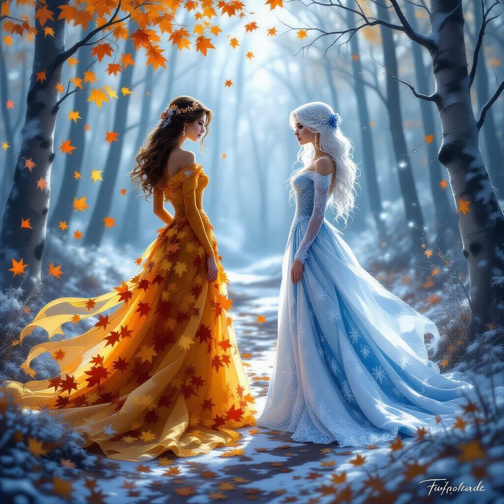 A stunning woman dressed in a flowing gown made of golden autumn leaves stands in a misty forest, preparing to greet her elder sister — Wint...