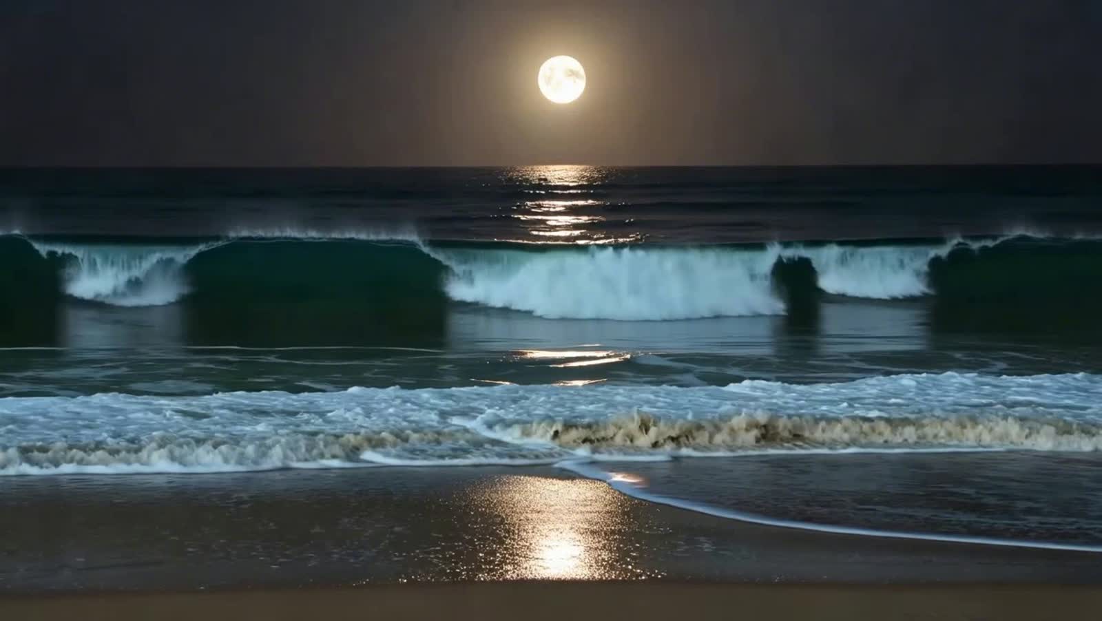A big ocean wave rolling on to shore at night the moonlight shines through the wave making the color of the water visibl...