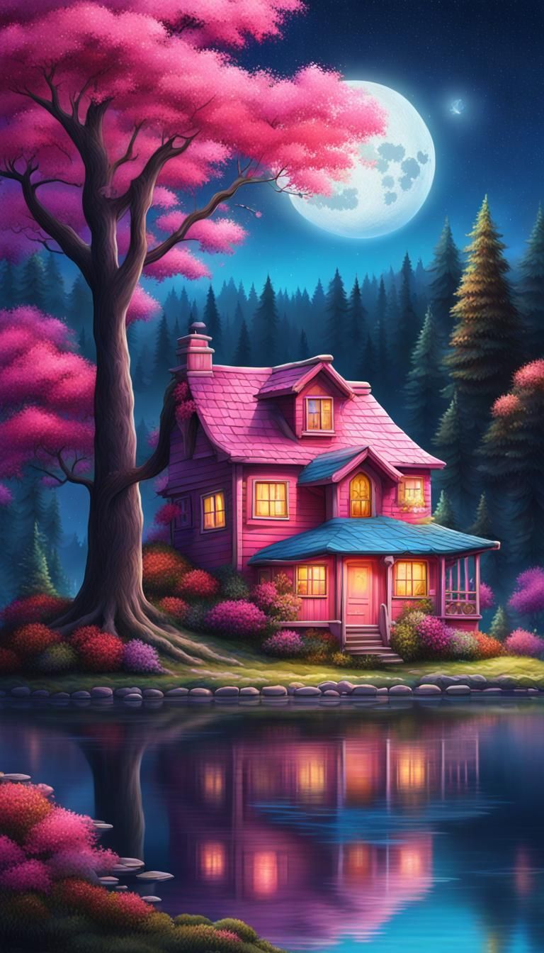 Cute little colorful cottage in the middle of the woods next...