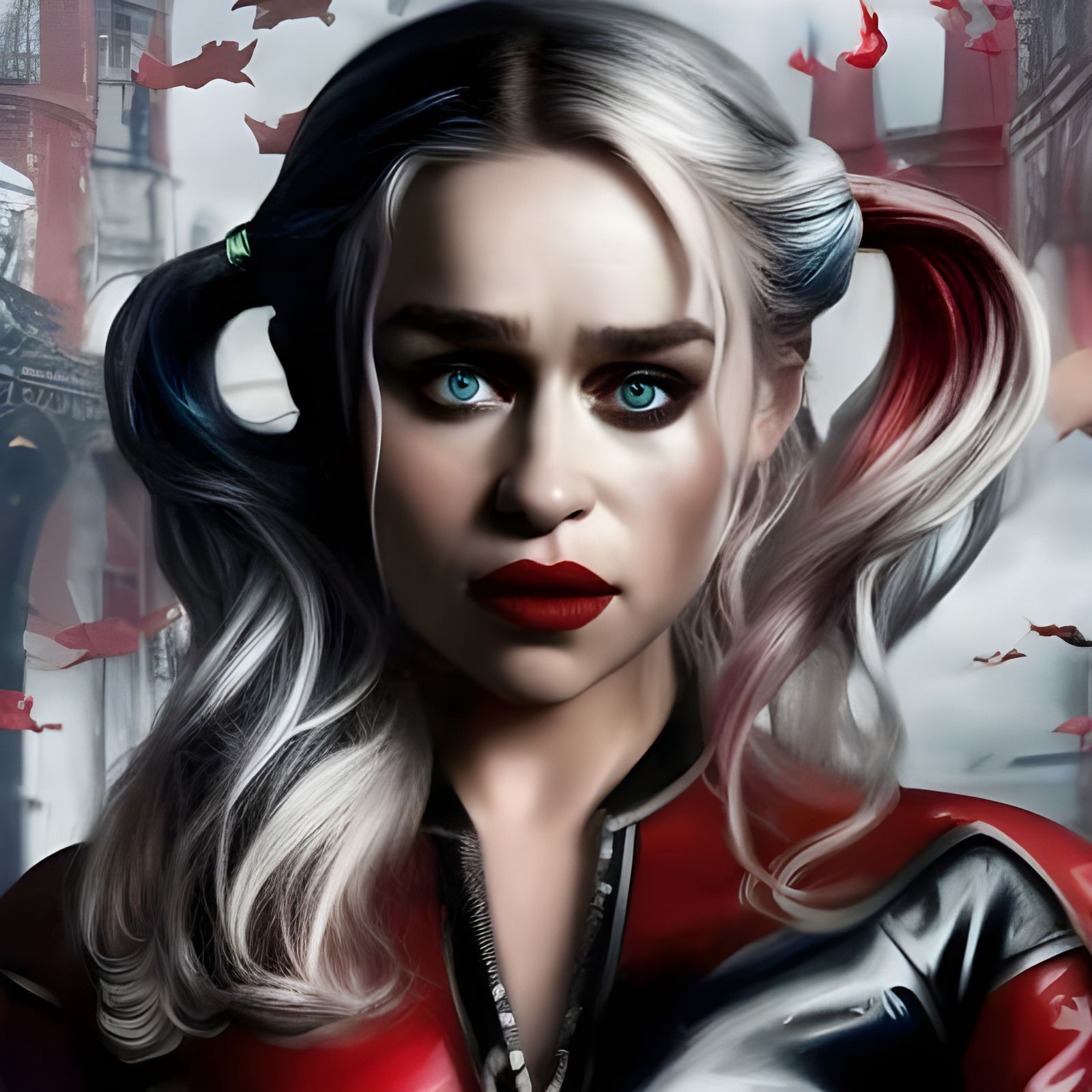 : Emilia Clarke as Harley Quinn, red & black PVC jacket, blonde pigtail ...