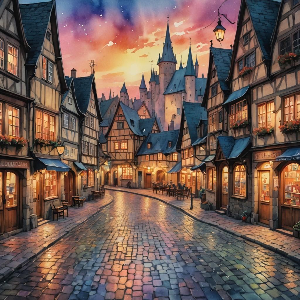Hamelin. watercolor. neon light