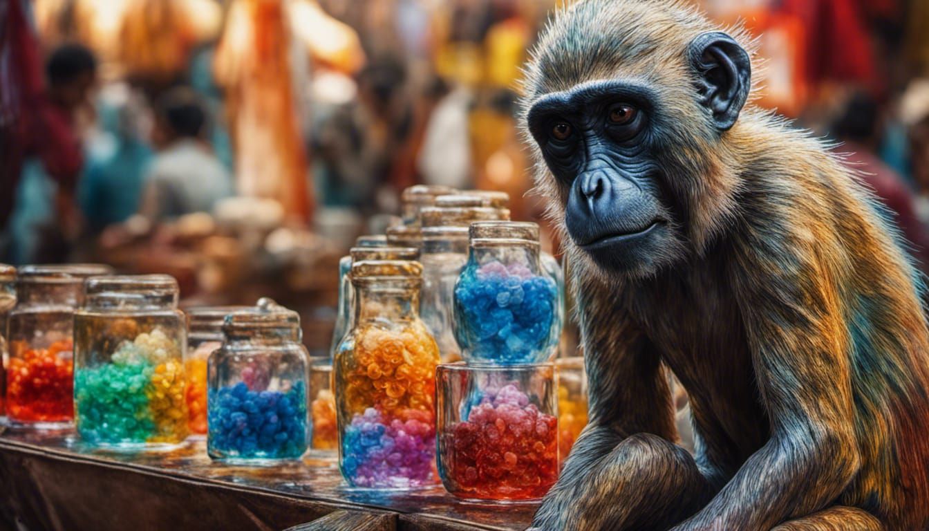 "Glass monkey in Marrakesh market"