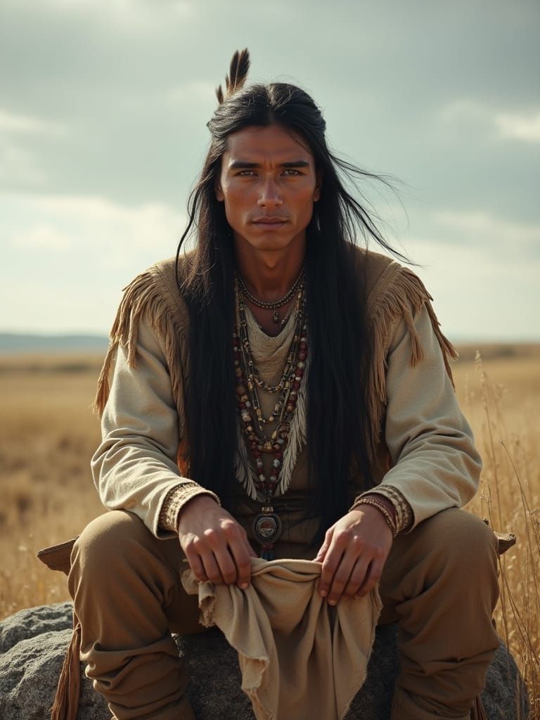 Full body shot of a handsome  native American man in his thirties who sits  on a big rock, the background is the typical US plains, the weat...