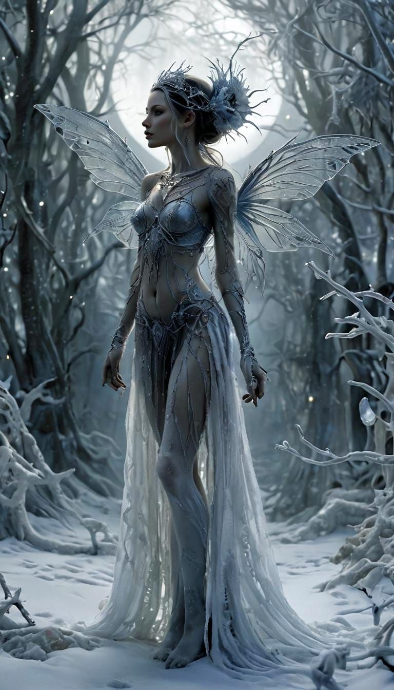 Winter, Macabre, Beautifully Dark Masterpiece, Detailed, Gossamer Woman in the style of Skyrim and D&D