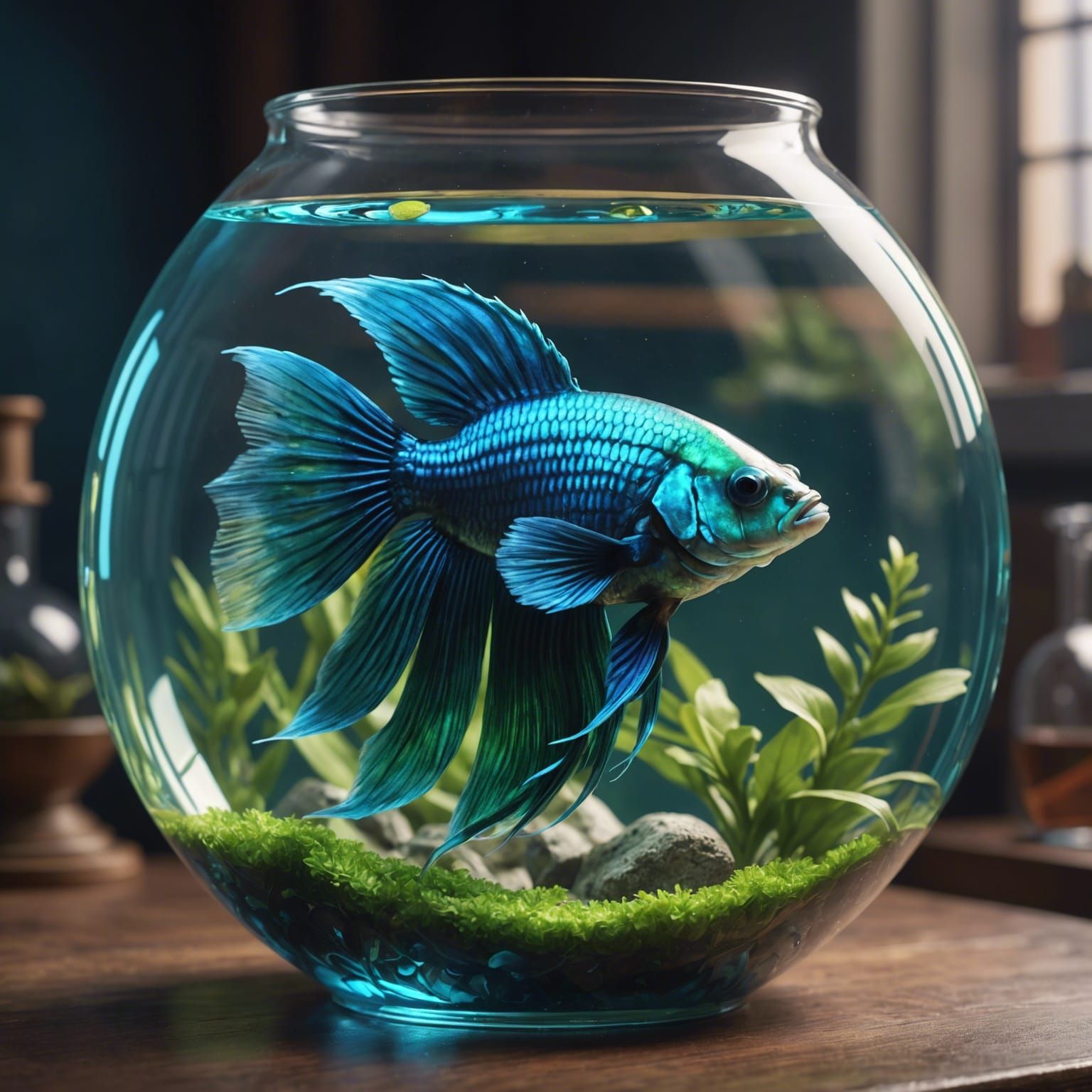 Blue and green Beta fish swimming in a fish bowl