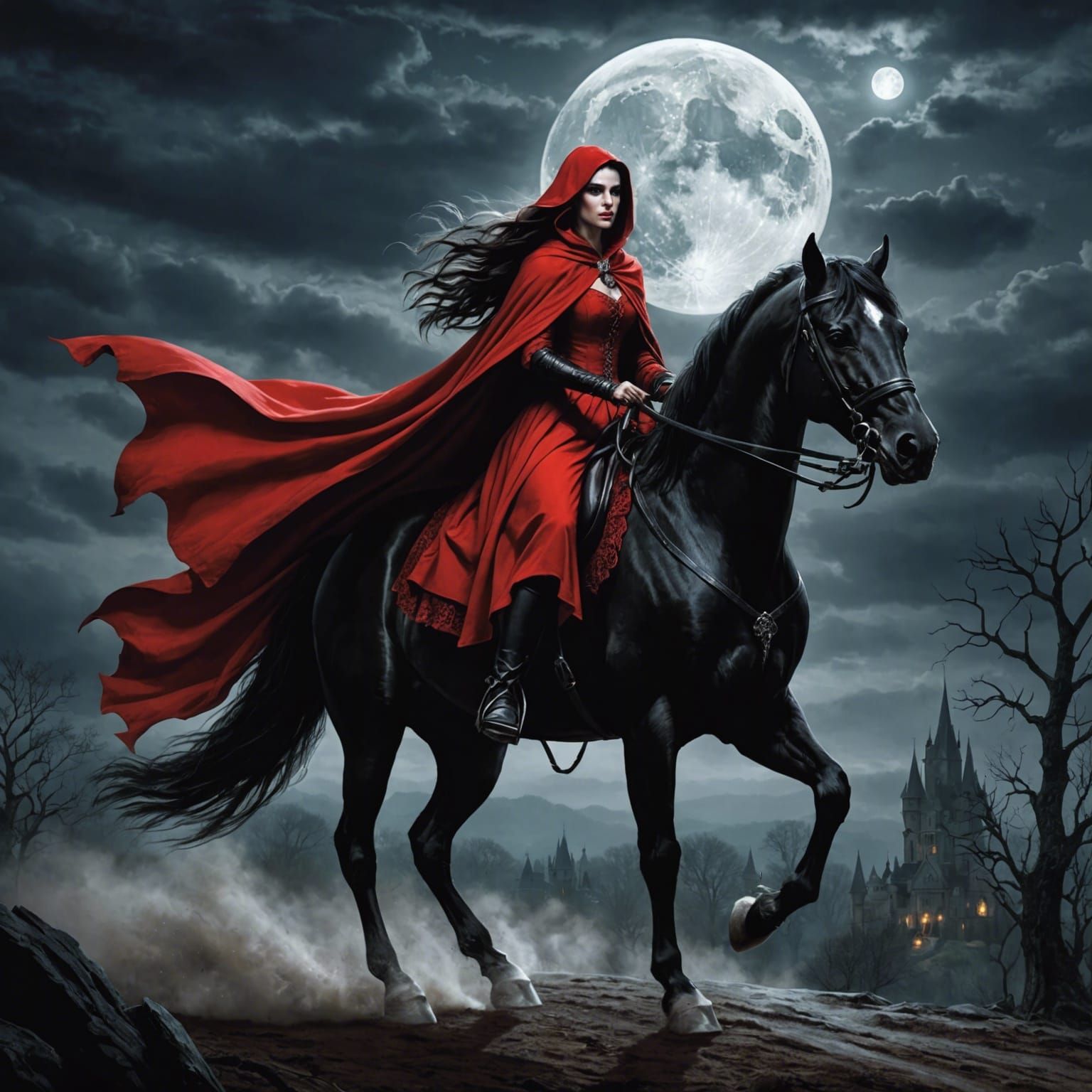 arafed woman in red dress riding a horse with a full moon in the background, gothic fantasy art, by Anne ...  by @MimiStar