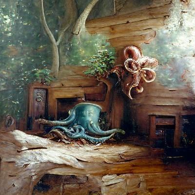 an octopus in a forest cottage