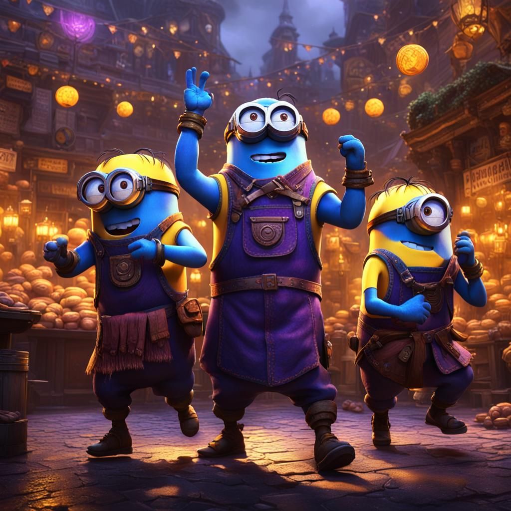 five minions are dancing on a market place. - AI Generated Artwork ...