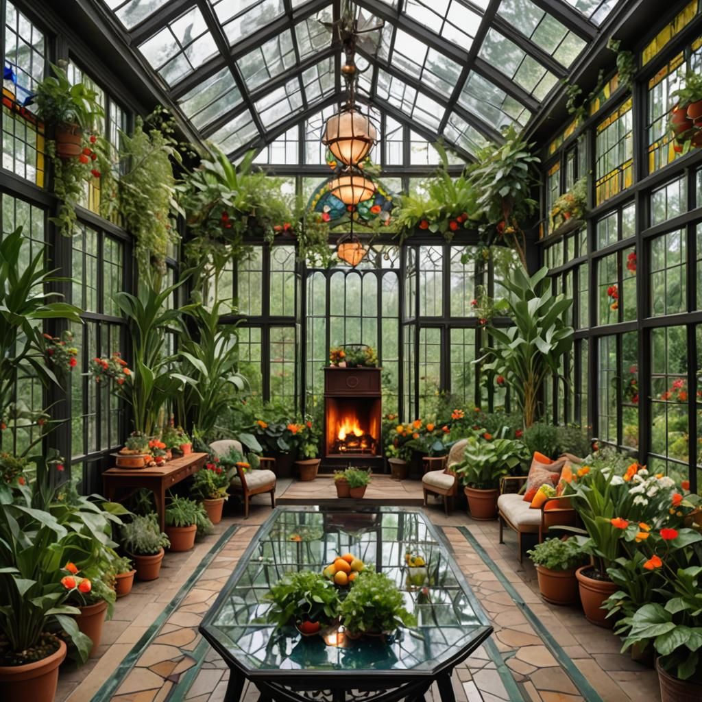 Art Deco Greenhouse with Fruit Trees and Stream