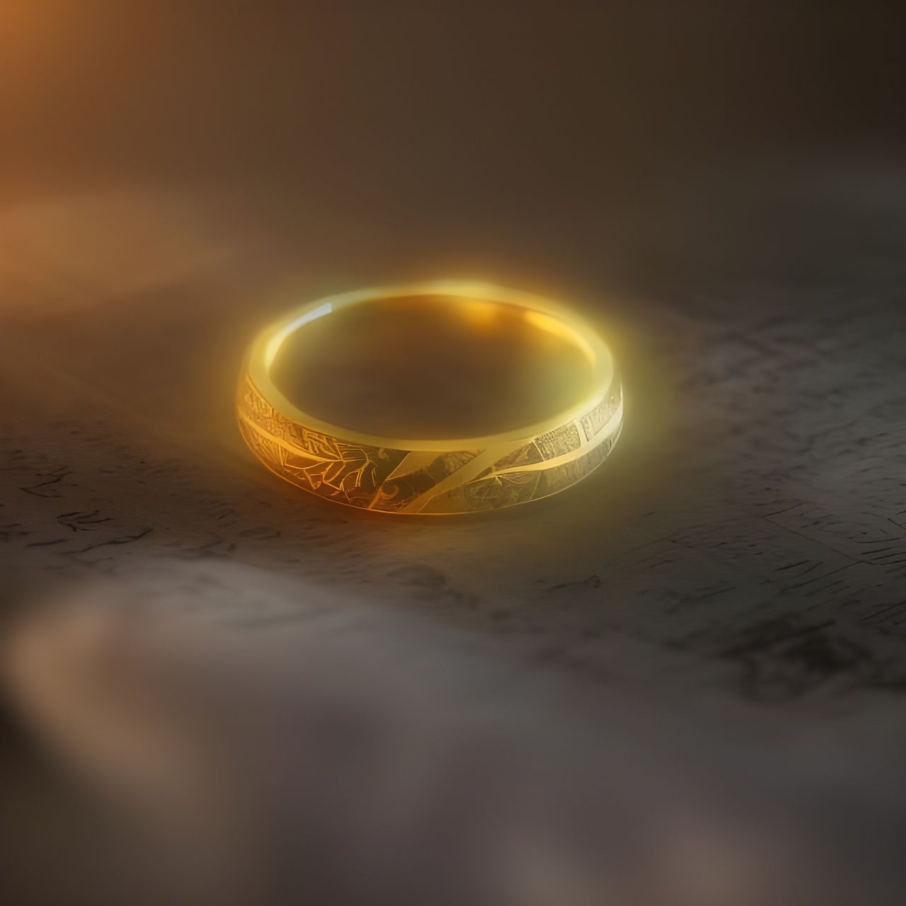 gold ring laying on its side, glowing elvish runes inscribed, glowing ...