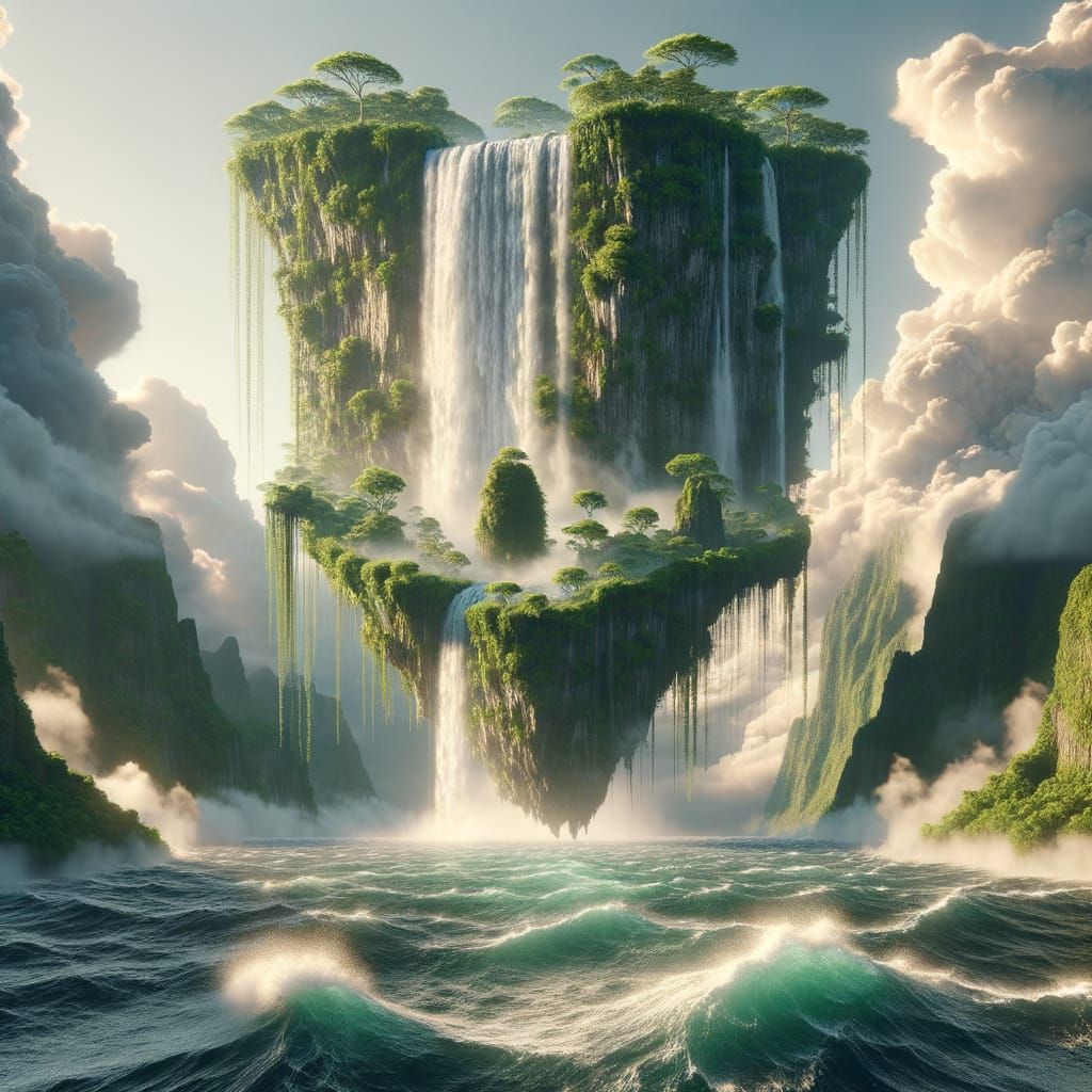 A waterfall cascades from a floating island into the churning sea below. 