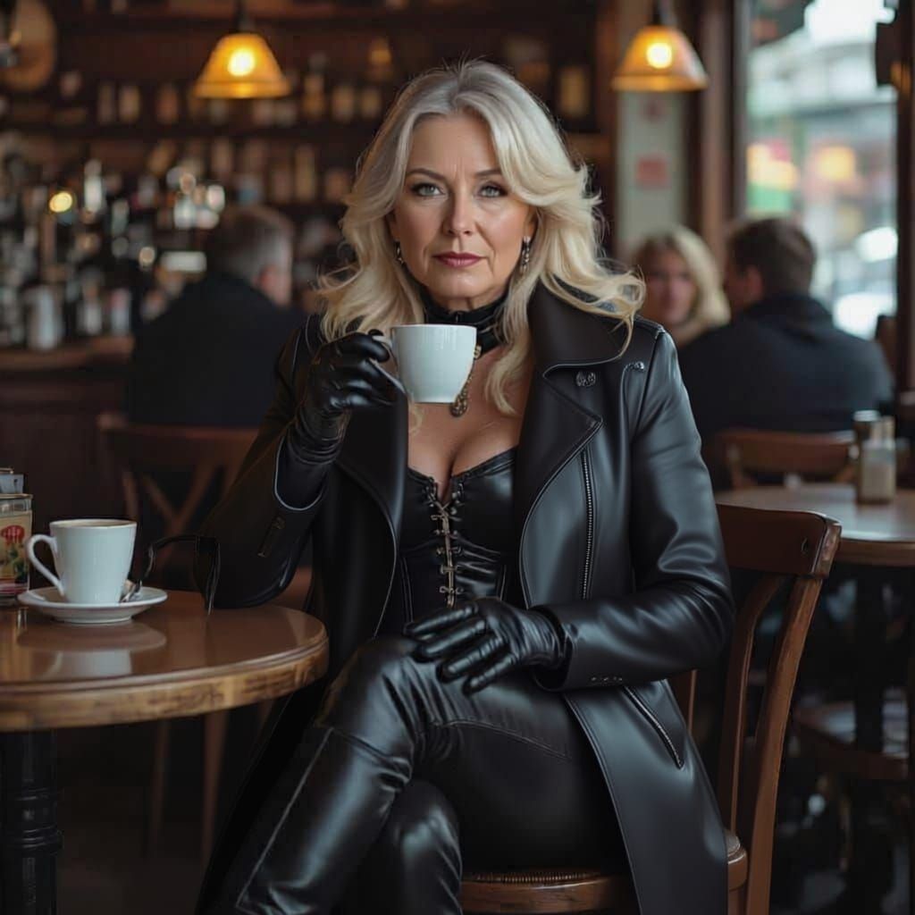 A blonde 60 year old sits in a busy Harris & Hoole cafe in Harpenden, suggestively sipping at a cup of coffee. Her face is slightly wrinkled...