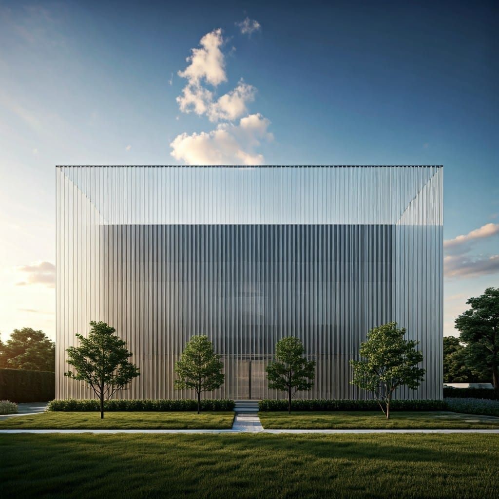 2-story building, vertical transparent glass panels perpendi...