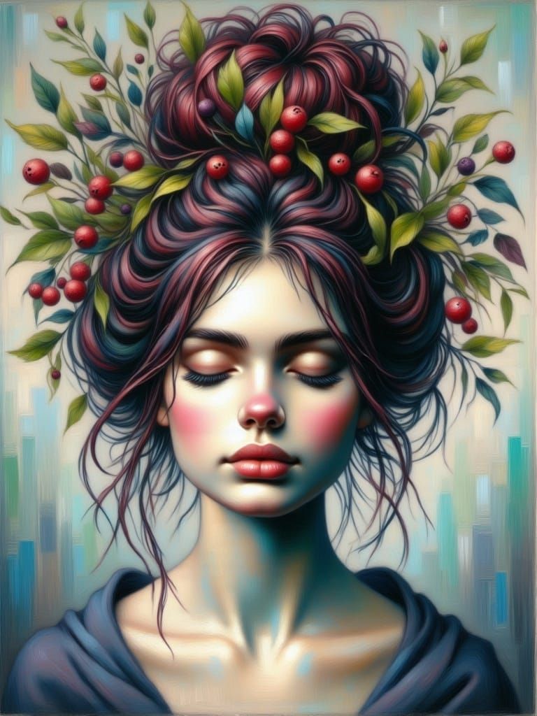 <lora:Women-Oil Painting-1:1.5> A portrait of a woman with wild berries and leaves crown.