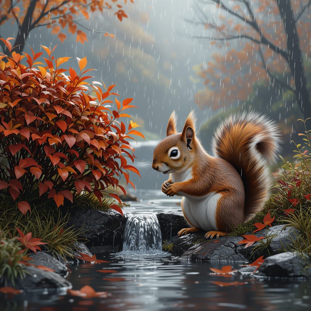 Rainy day in autumn, squirrel taking cover under a bush next to a small waterfall, gray and rainy  by @Keejer