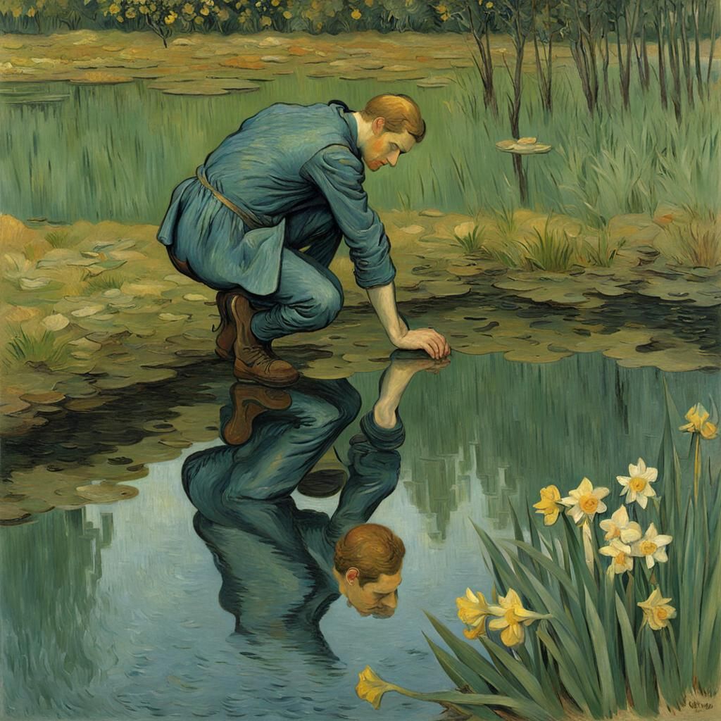 narcissus looking at his reflection at a pond, van gogh - AI Generated ...