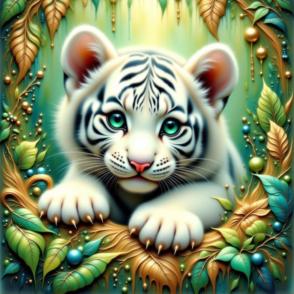 <lora:Teal and gold:1.0> <lora:Mixing It Up:1.0> white tiger cub in a beautiful vibrant jungle hyper detailed intricate hyper realistic natu...