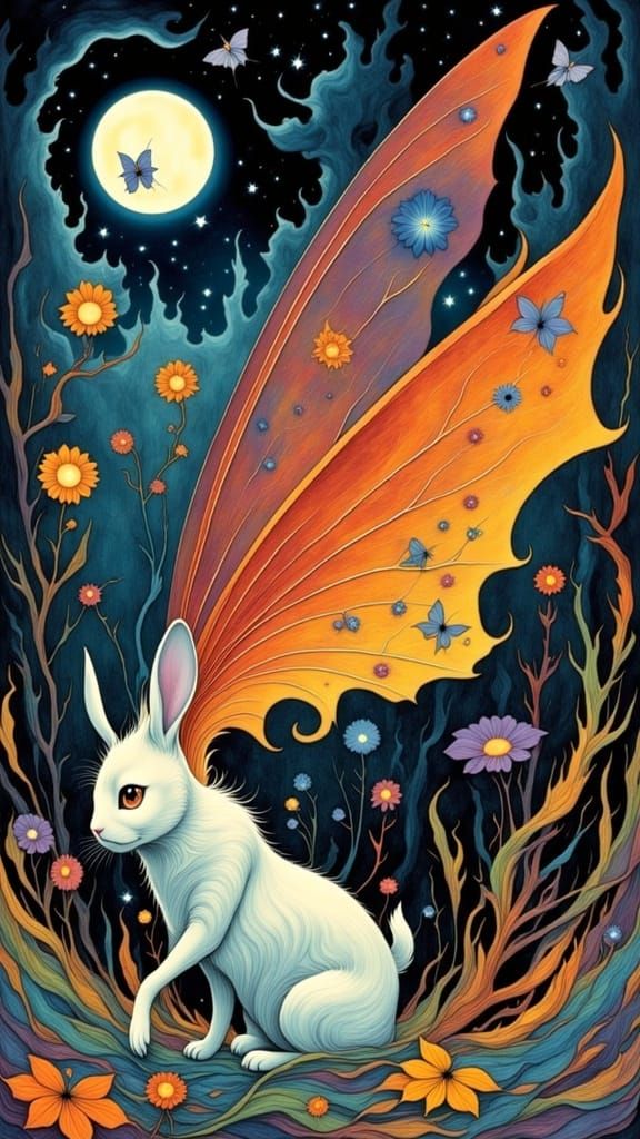 <lora:Flame Dusklings:1.0>  Flickering crackles  of  fire fey creatures in the dusk, a cat-like fairy rabbit fey with piercing eyes and gos...