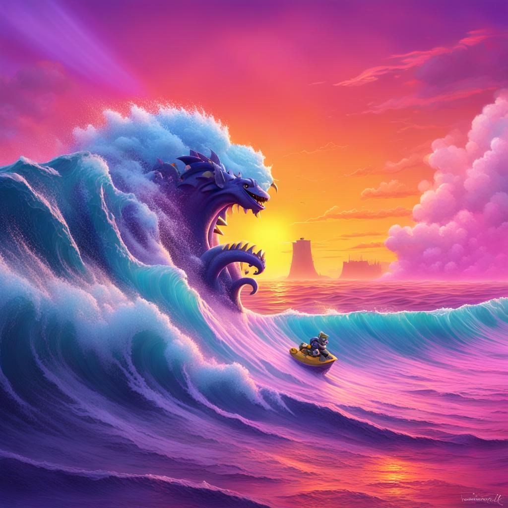 Catzilla fighting a huge ocean wave. Bright colours, purple,...