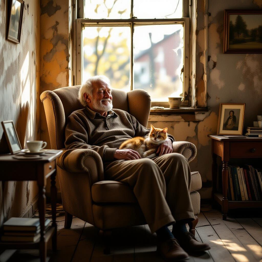 An image of an **elderly man sitting peacefully in a dilapidated, sparsely furnished apartment**, bathed ...  by @Tomazi